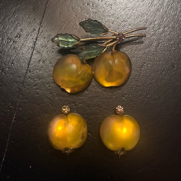 Vintage Austria Fruit Brooch and Earring Set Yellow Apple